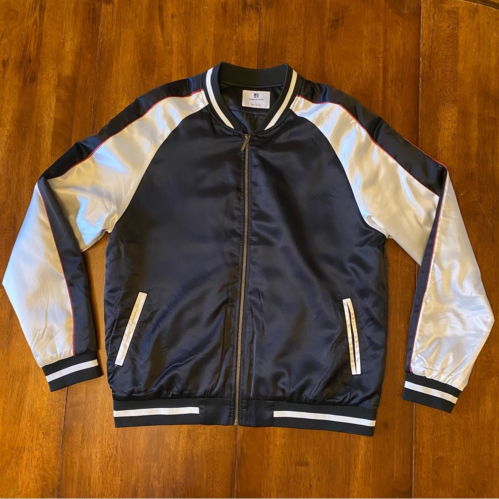 Standard Issue Retro Silky Souvenir Bomber Jacket - Black & White - Size Large